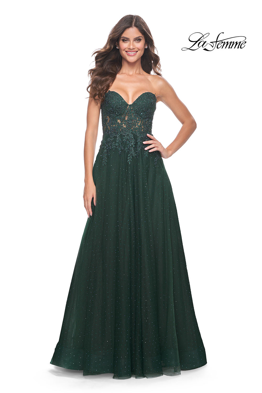 La Femme 32253 prom dress images.  La Femme 32253 is available in these colors: Dark Berry, Dark Emerald.