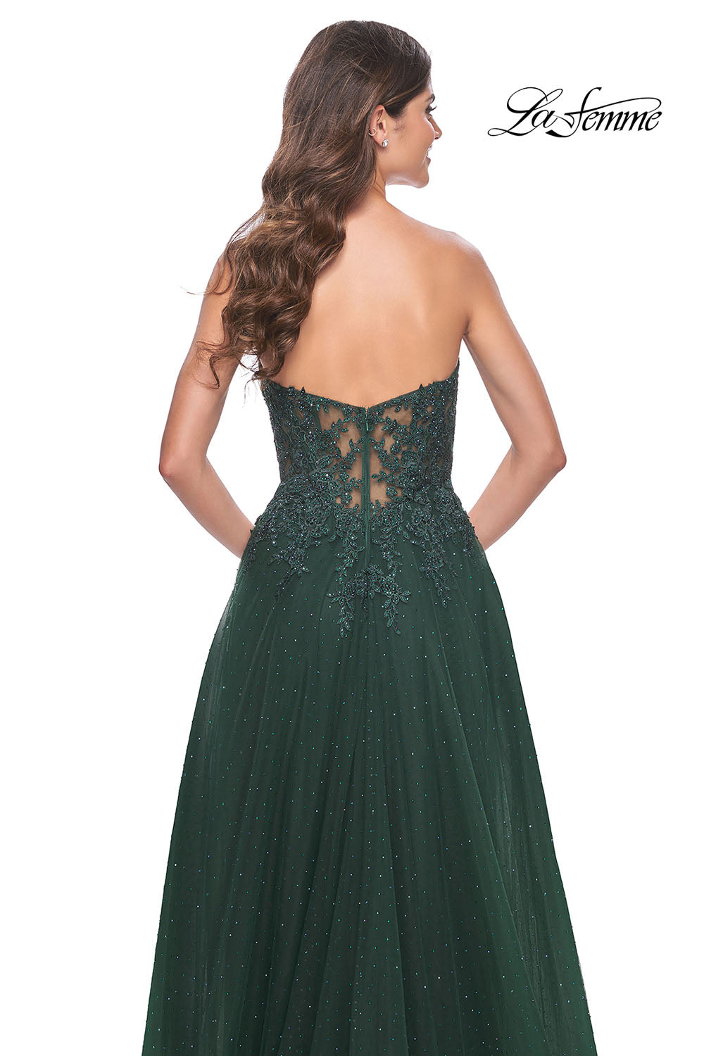 La Femme 32253 prom dress images.  La Femme 32253 is available in these colors: Dark Berry, Dark Emerald.