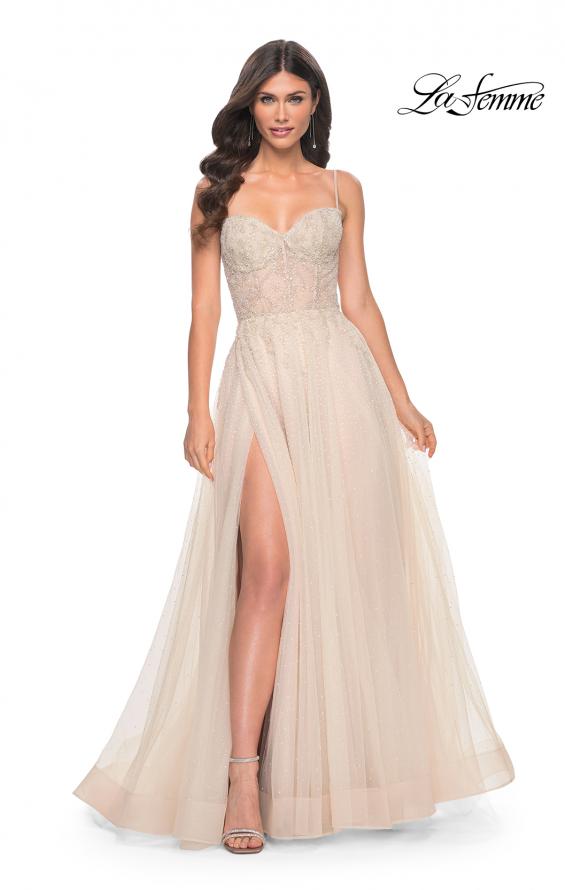 La Femme 32271 prom dress images.  La Femme 32271 is available in these colors: Champagne.