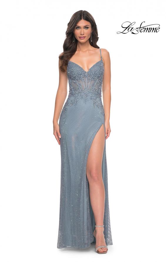 La Femme 32292 prom dress images.  La Femme 32292 is available in these colors: Champagne, Sage, Slate.