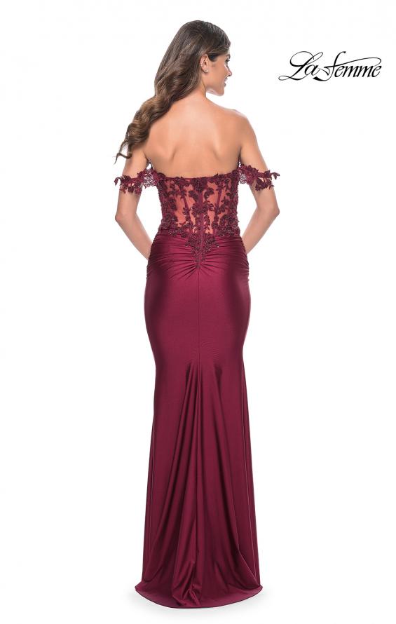 La Femme 32302 prom dress images.  La Femme 32302 is available in these colors: Dark Berry, Dark Emerald, Royal Blue, Royal Purple.