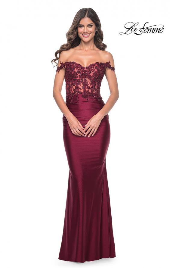 La Femme 32302 prom dress images.  La Femme 32302 is available in these colors: Dark Berry, Dark Emerald, Royal Blue, Royal Purple.