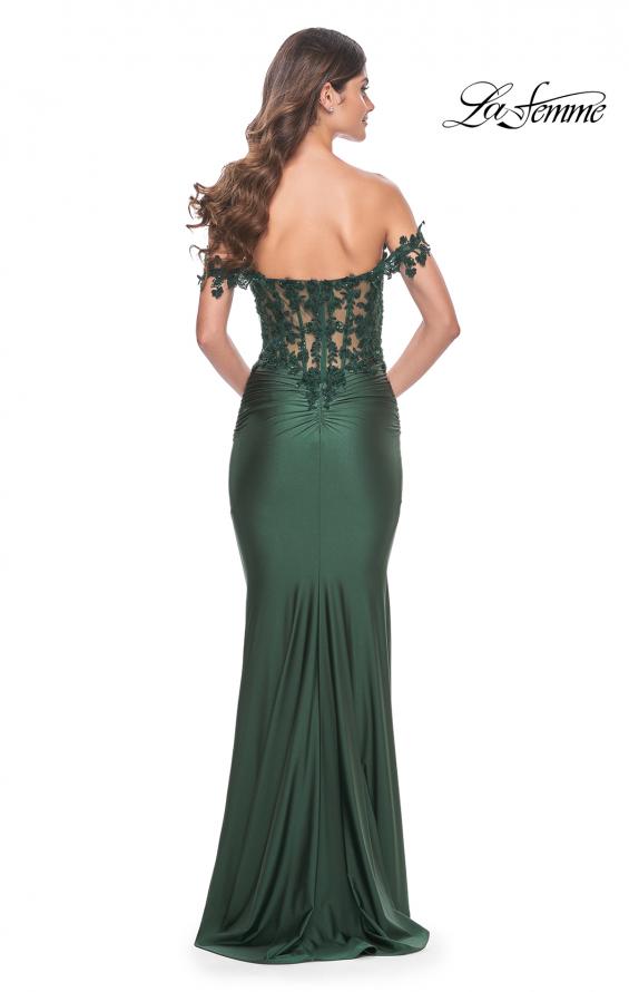 La Femme 32302 prom dress images.  La Femme 32302 is available in these colors: Dark Berry, Dark Emerald, Royal Blue, Royal Purple.