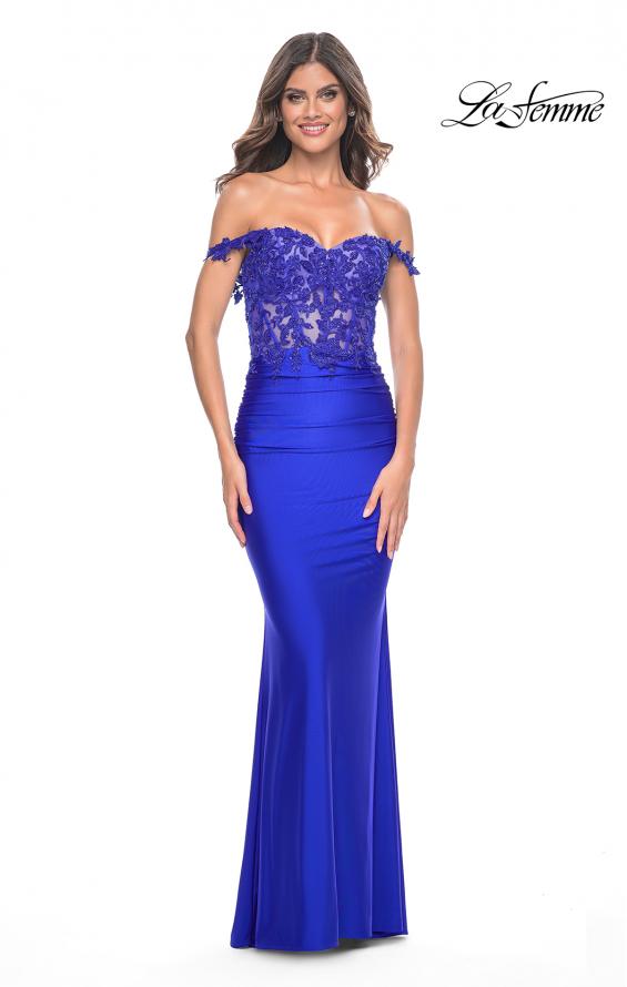 La Femme 32302 prom dress images.  La Femme 32302 is available in these colors: Dark Berry, Dark Emerald, Royal Blue, Royal Purple.