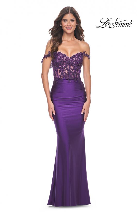 La Femme 32302 prom dress images.  La Femme 32302 is available in these colors: Dark Berry, Dark Emerald, Royal Blue, Royal Purple.