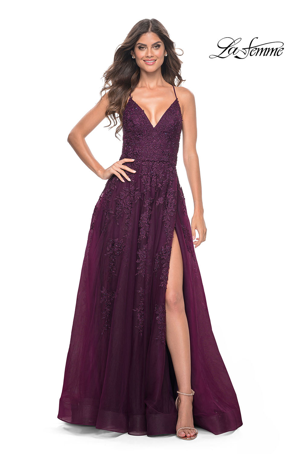 La Femme 32303 prom dress images. La Femme 32303 is available in these colors: Black, Dark Berry.