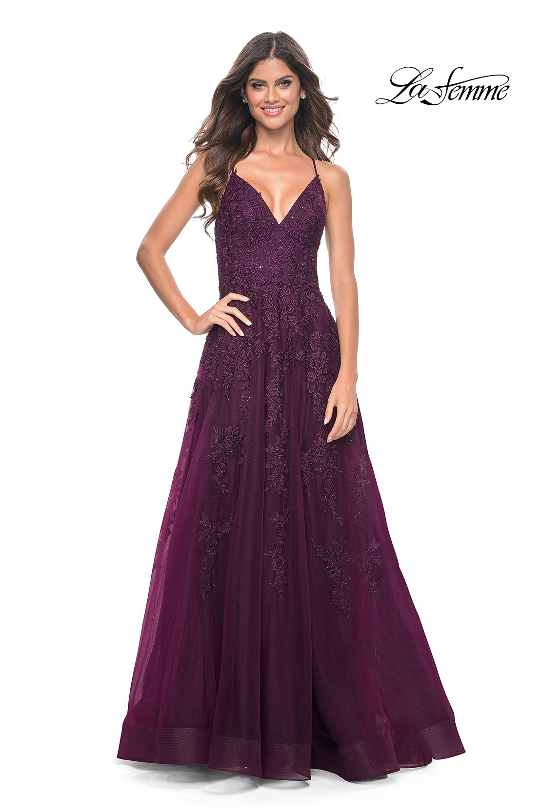 La Femme 32303 prom dress images. La Femme 32303 is available in these colors: Black, Dark Berry.