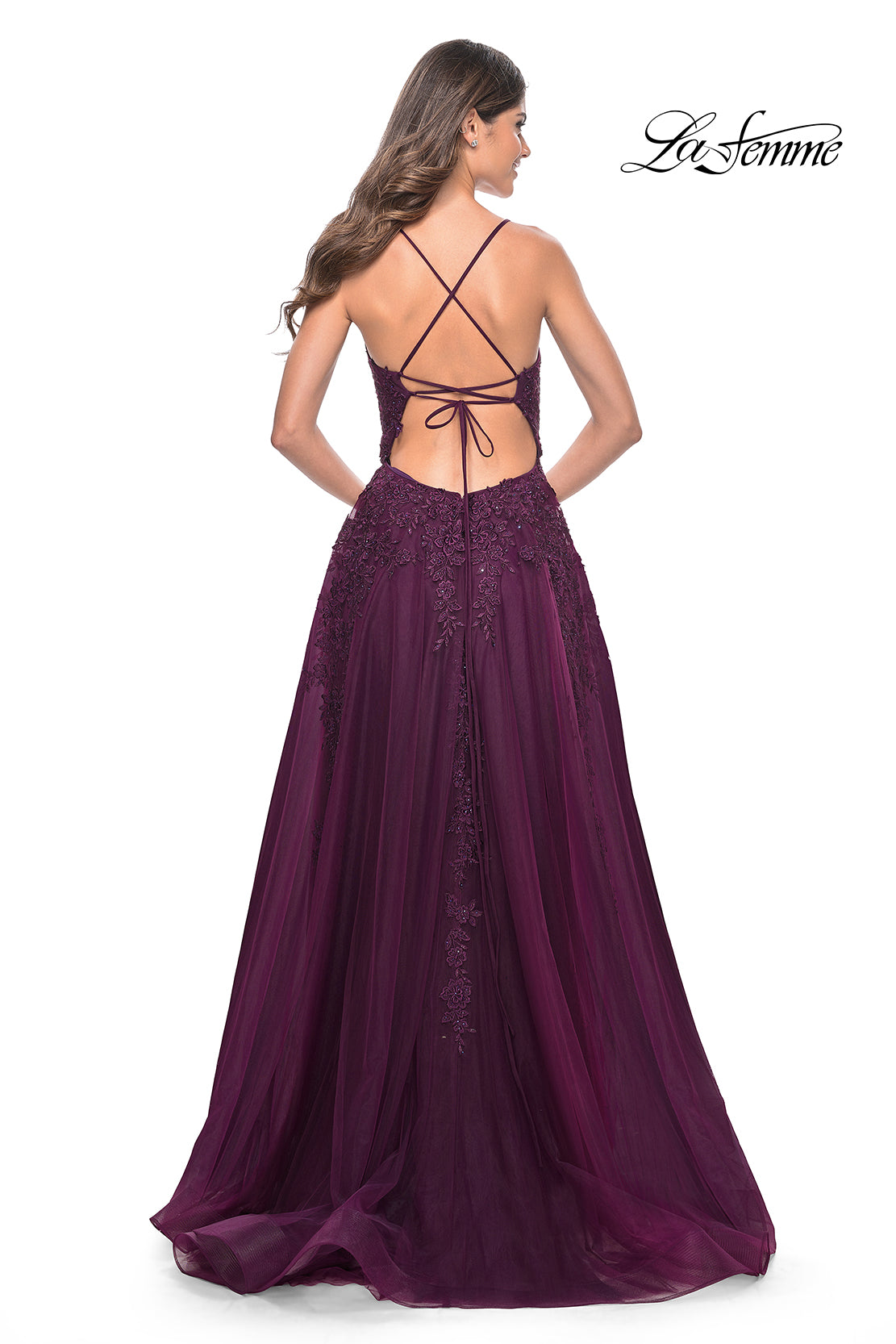 La Femme 32303 prom dress images. La Femme 32303 is available in these colors: Black, Dark Berry.