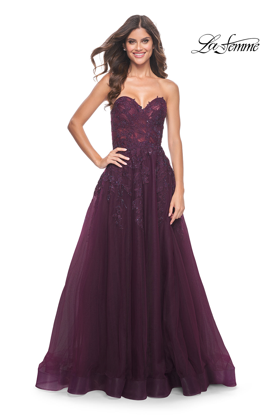 La Femme 32304 prom dress images. La Femme 32304 is available in these colors: Dark Berry, Indigo.