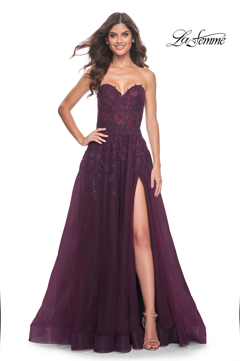 La Femme 32304 prom dress images. La Femme 32304 is available in these colors: Dark Berry, Indigo.