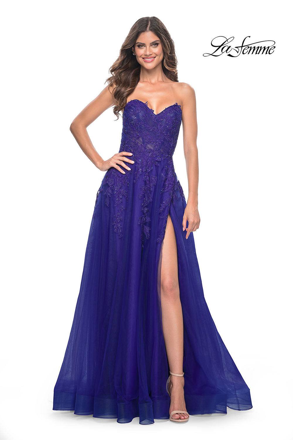 La Femme 32304 prom dress images. La Femme 32304 is available in these colors: Dark Berry, Indigo.