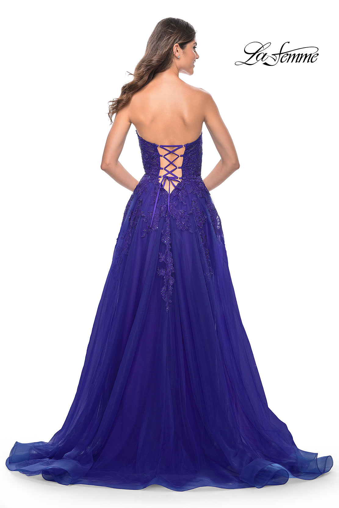 La Femme 32304 prom dress images. La Femme 32304 is available in these colors: Dark Berry, Indigo.