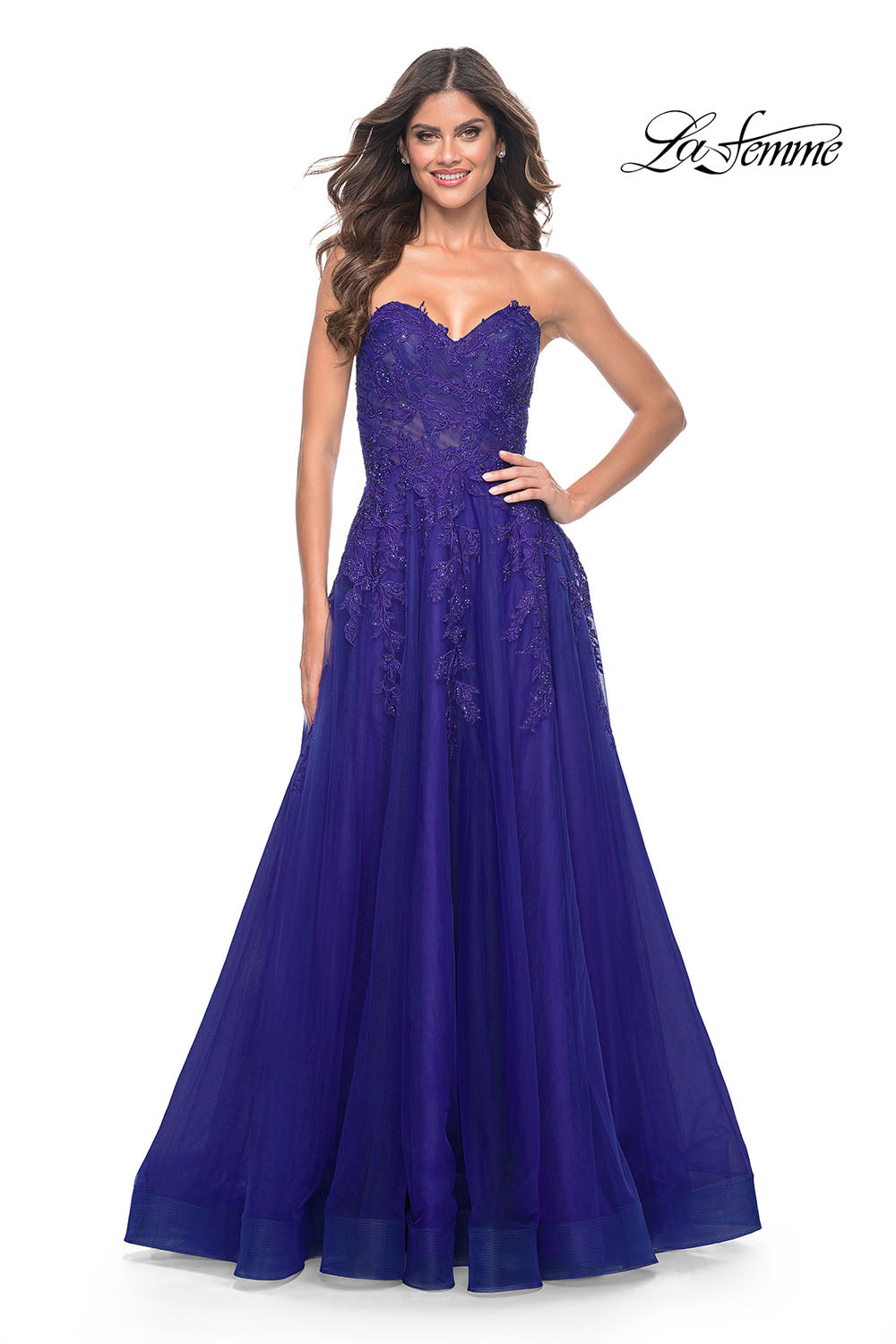 La Femme 32304 prom dress images. La Femme 32304 is available in these colors: Dark Berry, Indigo.