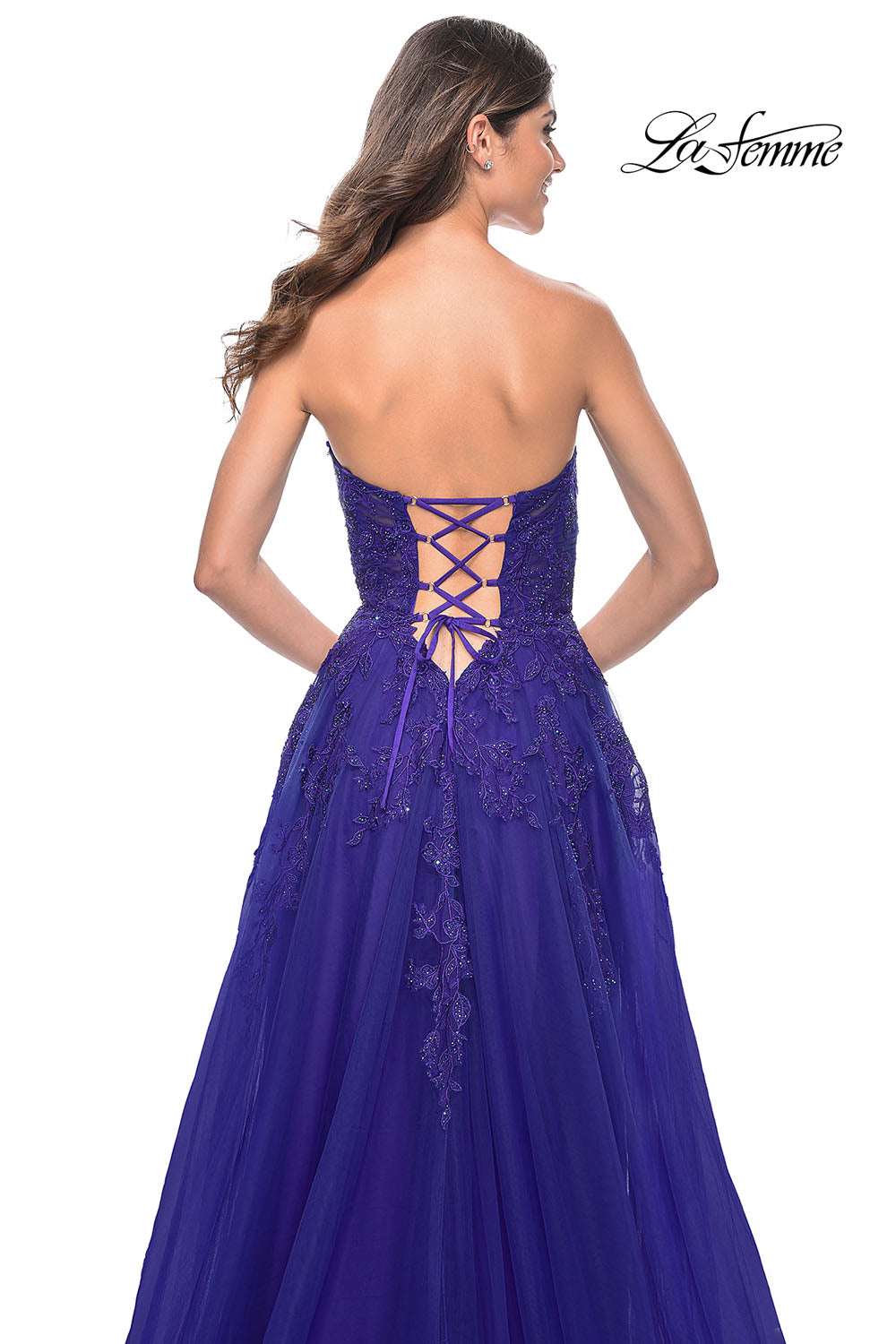 La Femme 32304 prom dress images. La Femme 32304 is available in these colors: Dark Berry, Indigo.