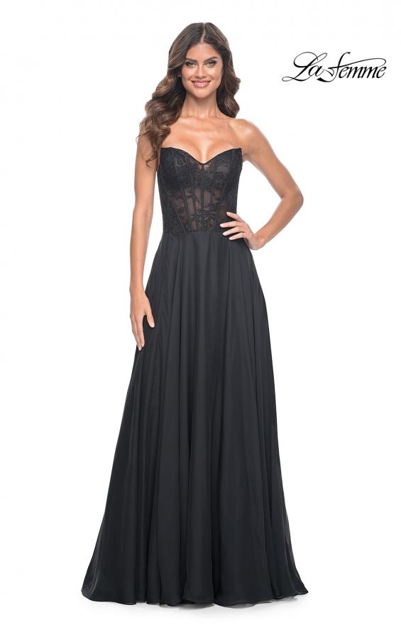 La Femme 32311 prom dress images.  La Femme 32311 is available in these colors: Black, Dark Emerald, Royal Blue.