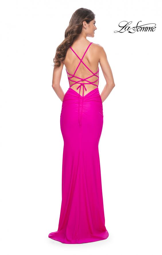 La Femme 32325 prom dress images.  La Femme 32325 is available in these colors: Bright Orange, Hot Fuchsia.