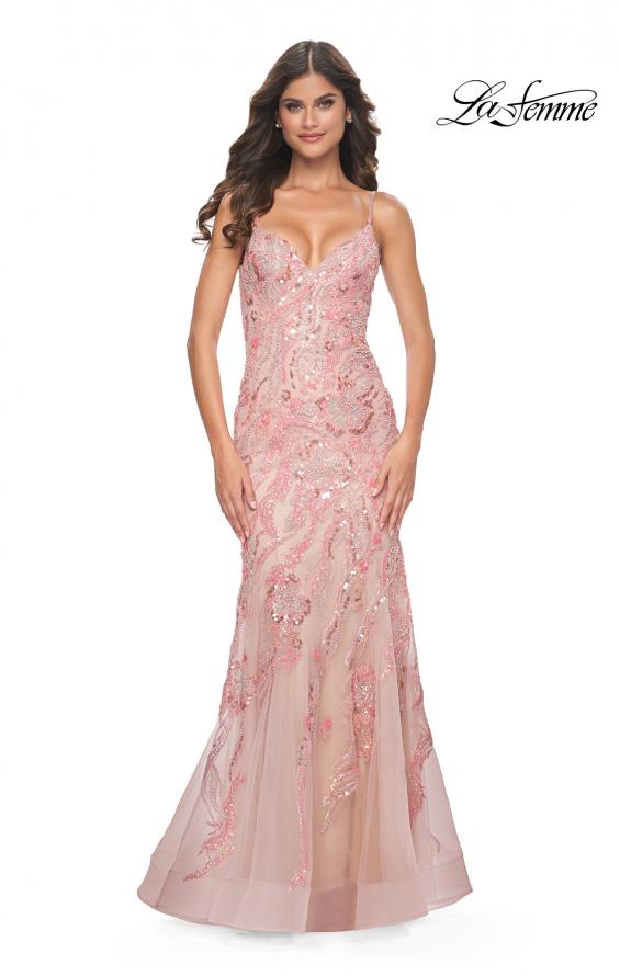 La Femme 32333 prom dress images.  La Femme 32333 is available in these colors: Champagne, Coral, Lavender.