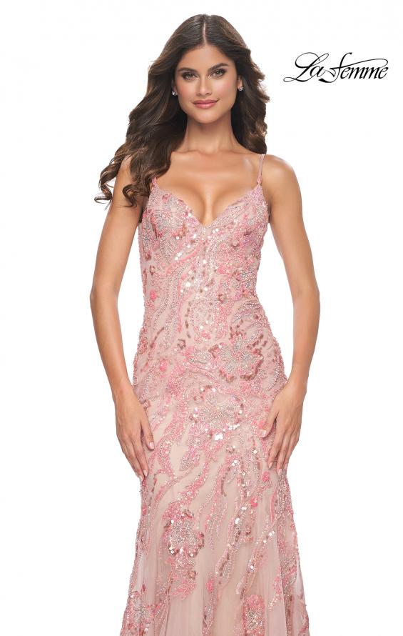 La Femme 32333 prom dress images.  La Femme 32333 is available in these colors: Champagne, Coral, Lavender.