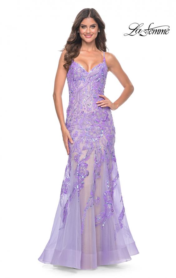 La Femme 32333 prom dress images.  La Femme 32333 is available in these colors: Champagne, Coral, Lavender.