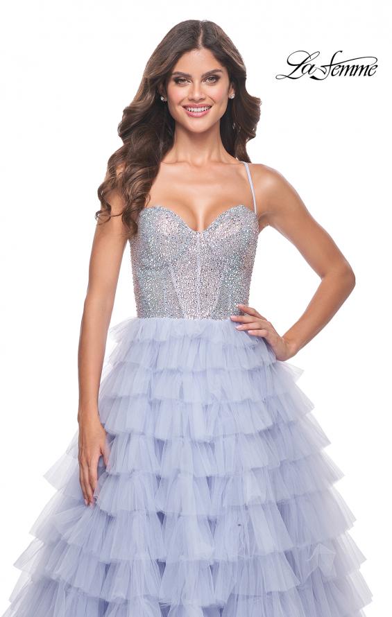 La Femme 32335 prom dress images.  La Femme 32335 is available in these colors: Light Periwinkle, Neon Pink.