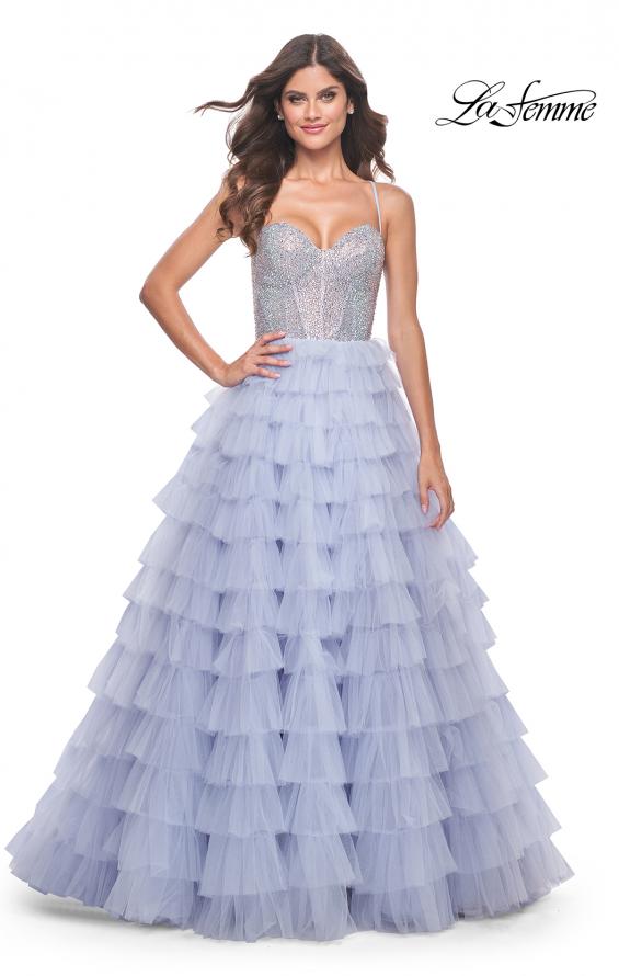 La Femme 32335 prom dress images.  La Femme 32335 is available in these colors: Light Periwinkle, Neon Pink.