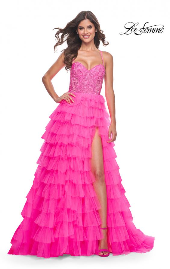 La Femme 32335 prom dress images.  La Femme 32335 is available in these colors: Light Periwinkle, Neon Pink.