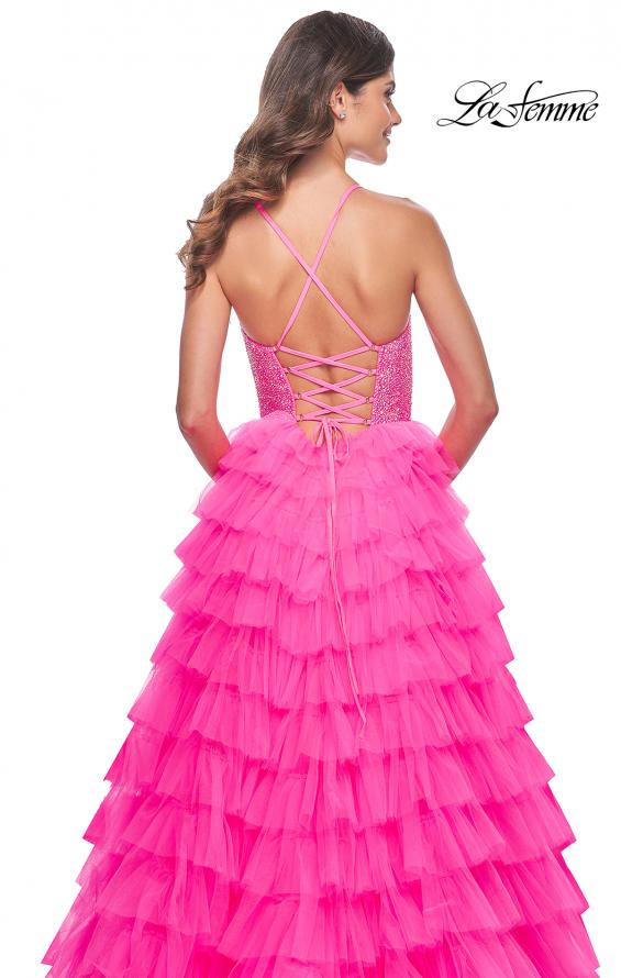 La Femme 32335 prom dress images.  La Femme 32335 is available in these colors: Light Periwinkle, Neon Pink.