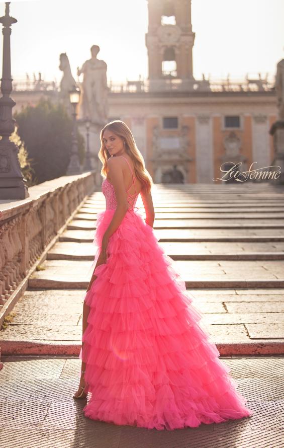 La Femme 32335 prom dress images.  La Femme 32335 is available in these colors: Light Periwinkle, Neon Pink.