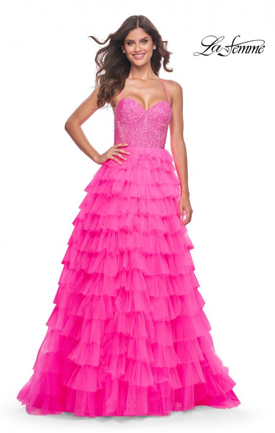 La Femme 32335 prom dress images.  La Femme 32335 is available in these colors: Light Periwinkle, Neon Pink.