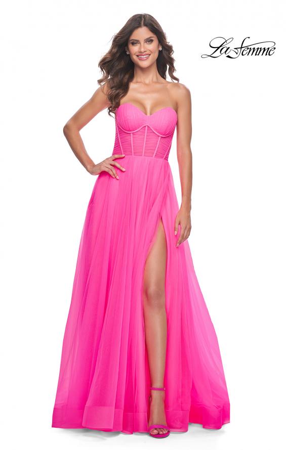 La Femme 32341 prom dress images.  La Femme 32341 is available in these colors: Neon Pink.