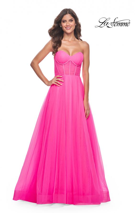 La Femme 32341 prom dress images.  La Femme 32341 is available in these colors: Neon Pink.