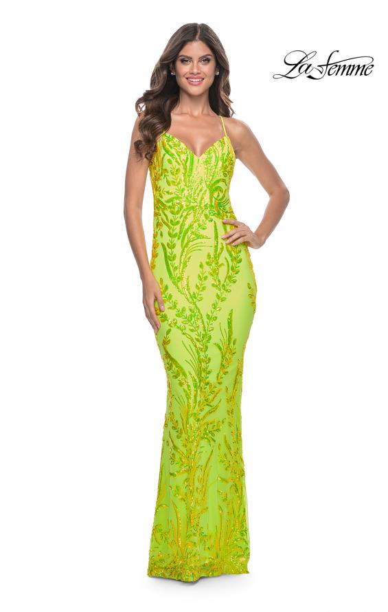 La Femme 32343 prom dress images.  La Femme 32343 is available in these colors: Bright Green, Orange.