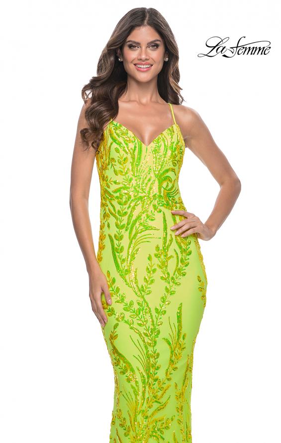 La Femme 32343 prom dress images.  La Femme 32343 is available in these colors: Bright Green, Orange.