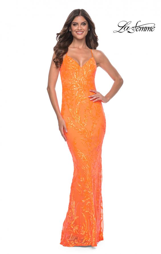 La Femme 32343 prom dress images.  La Femme 32343 is available in these colors: Bright Green, Orange.