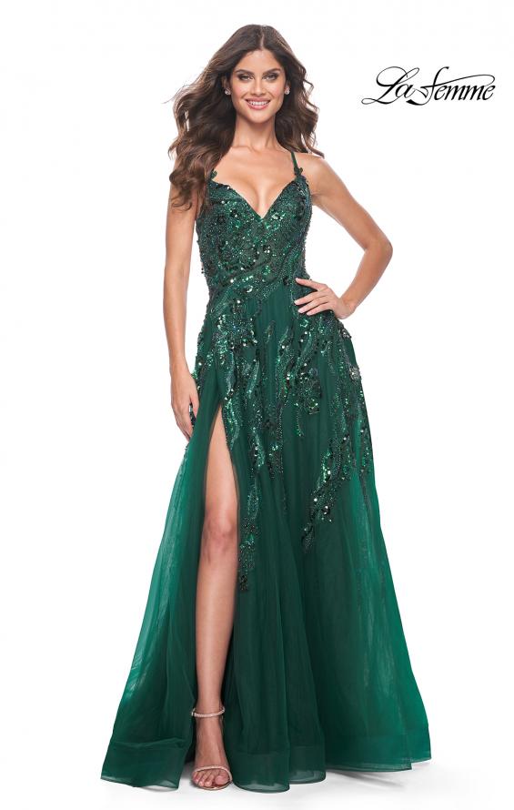 La Femme 32346 prom dress images.  La Femme 32346 is available in these colors: Emerald, Navy.