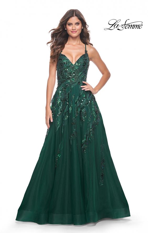 La Femme 32346 prom dress images.  La Femme 32346 is available in these colors: Emerald, Navy.