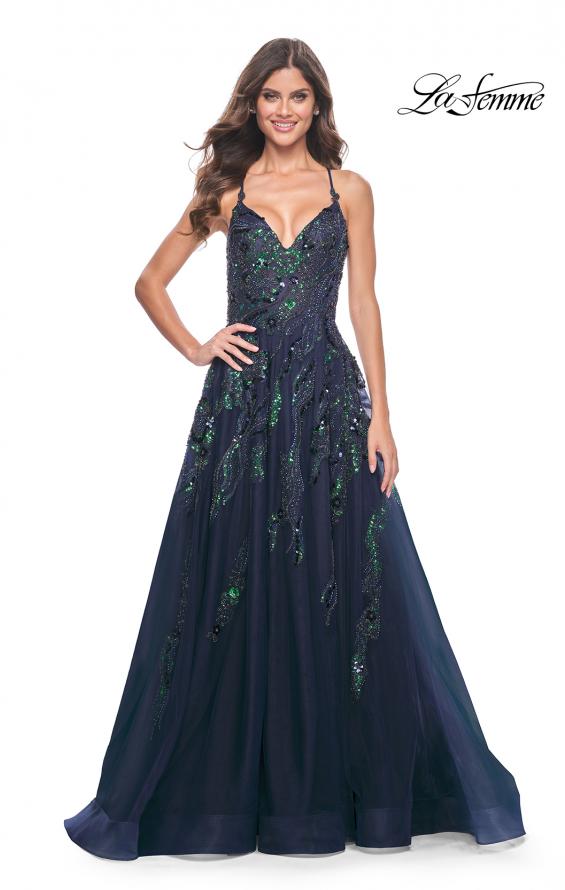 La Femme 32346 prom dress images.  La Femme 32346 is available in these colors: Emerald, Navy.