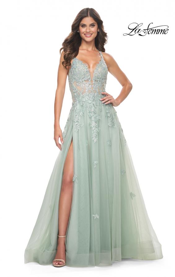 La Femme 32438 prom dress images.  La Femme 32438 is available in these colors: Light Blue, Sage.