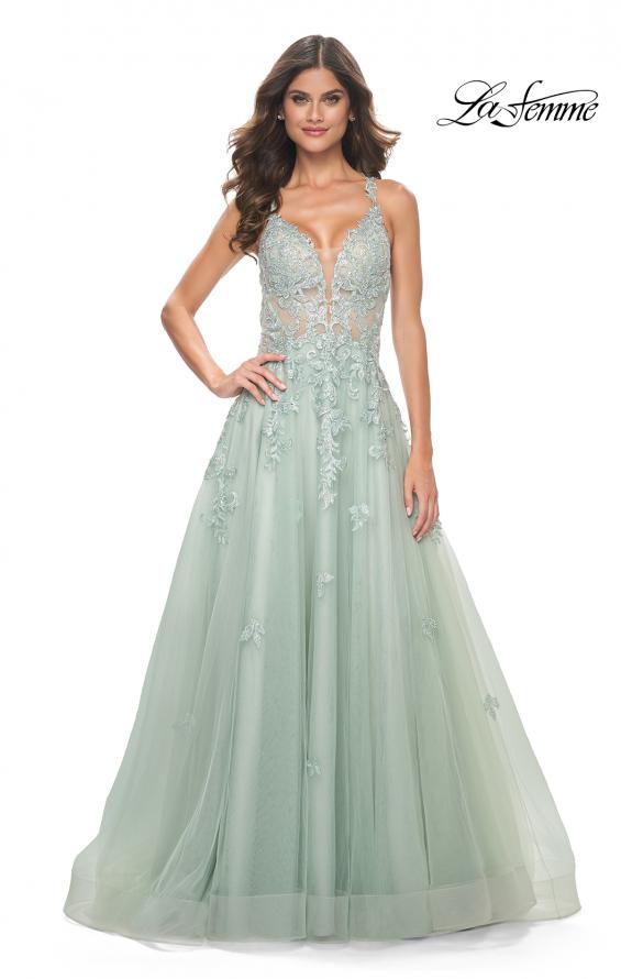 La Femme 32438 prom dress images.  La Femme 32438 is available in these colors: Light Blue, Sage.