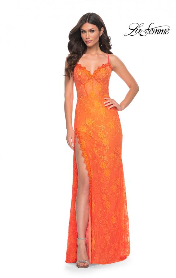 La Femme 32441 prom dress images.  La Femme 32441 is available in these colors: Bright Green, Bright Orange, Hot Fuchsia.