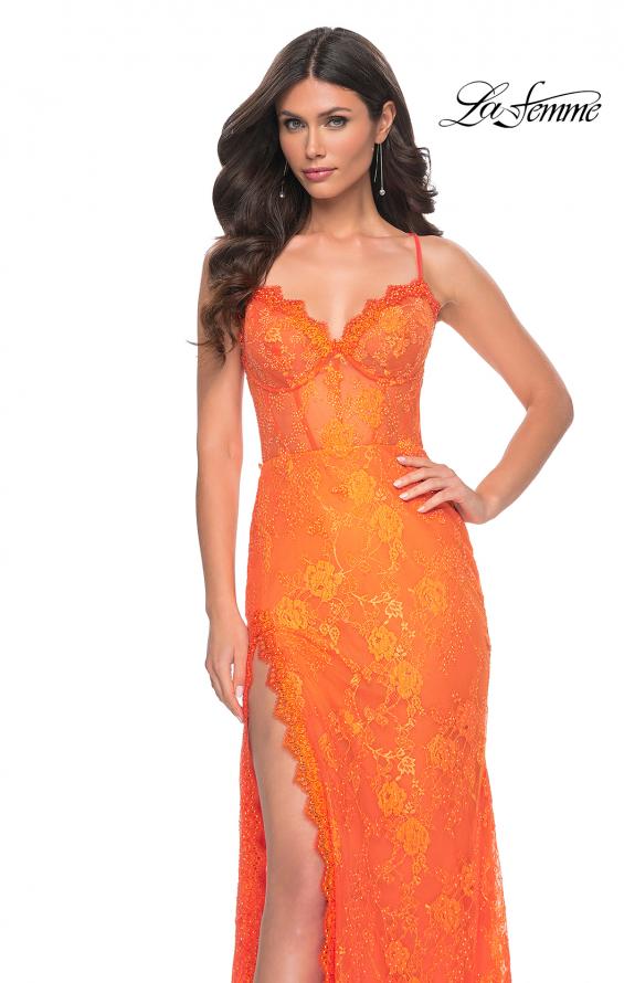 La Femme 32441 prom dress images.  La Femme 32441 is available in these colors: Bright Green, Bright Orange, Hot Fuchsia.