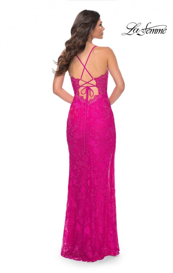 La Femme 32441 prom dress images.  La Femme 32441 is available in these colors: Bright Green, Bright Orange, Hot Fuchsia.