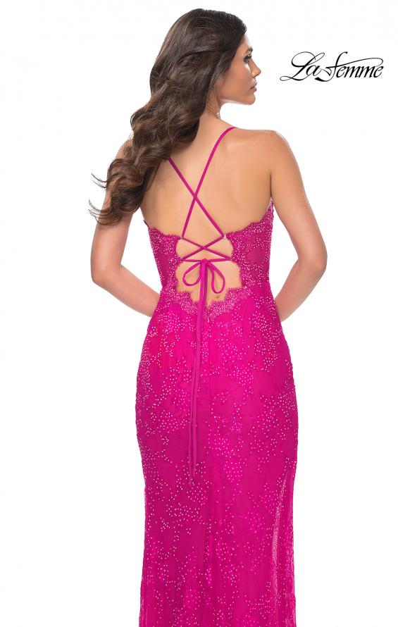 La Femme 32441 prom dress images.  La Femme 32441 is available in these colors: Bright Green, Bright Orange, Hot Fuchsia.