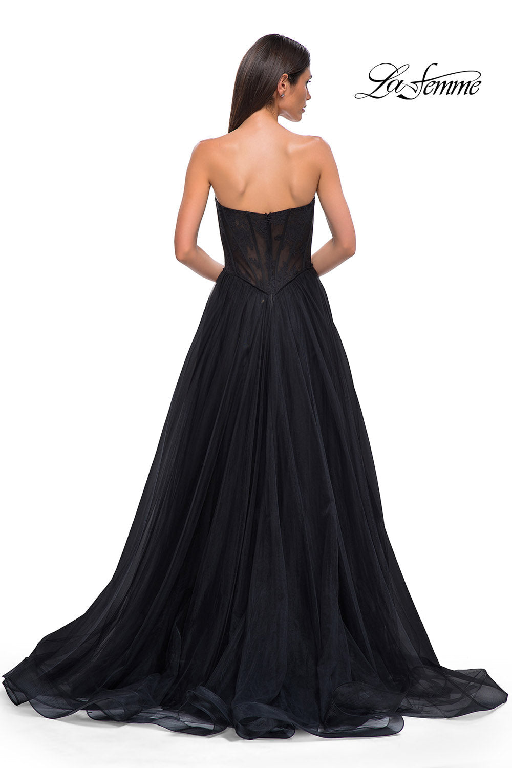 La Femme 32579 prom dress images.  La Femme 32579 is available in these colors: Black, Dark Berry, Dark Teal.