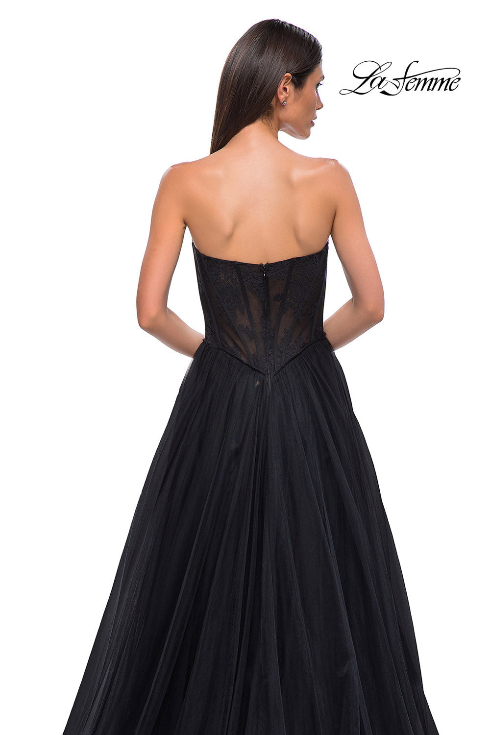 La Femme 32579 prom dress images.  La Femme 32579 is available in these colors: Black, Dark Berry, Dark Teal.