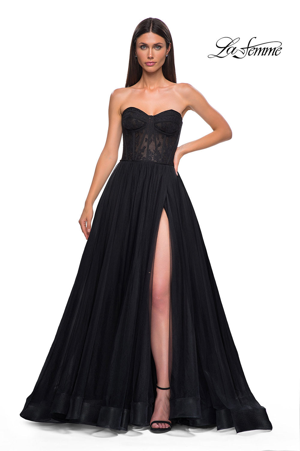 La Femme 32579 prom dress images.  La Femme 32579 is available in these colors: Black, Dark Berry, Dark Teal.