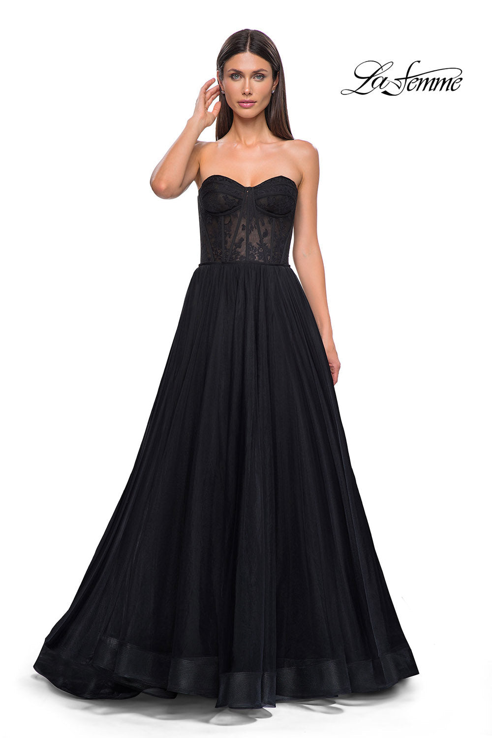 La Femme 32579 prom dress images.  La Femme 32579 is available in these colors: Black, Dark Berry, Dark Teal.