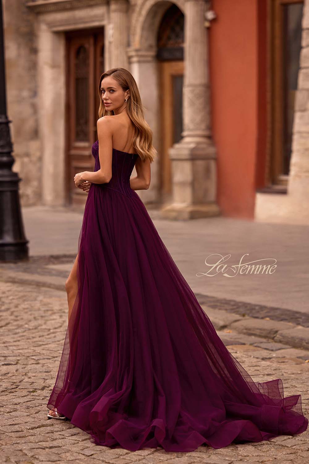 La Femme 32579 prom dress images.  La Femme 32579 is available in these colors: Black, Dark Berry, Dark Teal.