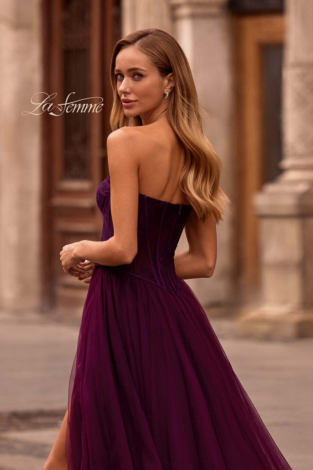 La Femme 32579 prom dress images.  La Femme 32579 is available in these colors: Black, Dark Berry, Dark Teal.