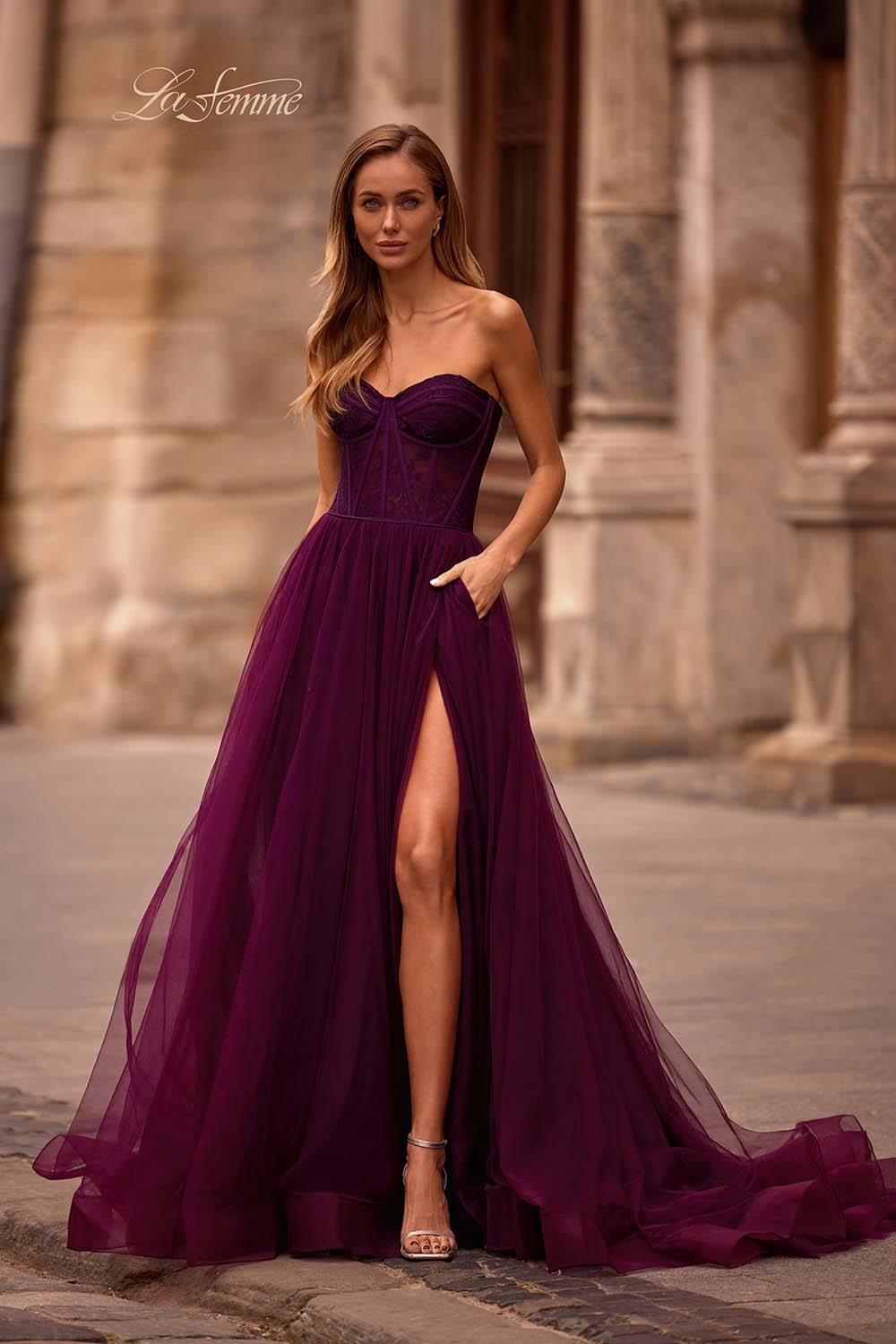 La Femme 32579 prom dress images.  La Femme 32579 is available in these colors: Black, Dark Berry, Dark Teal.